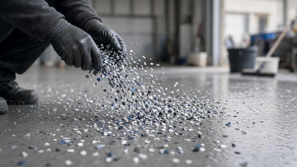 Installer broadcasting decorative flakes into a wet floor coating