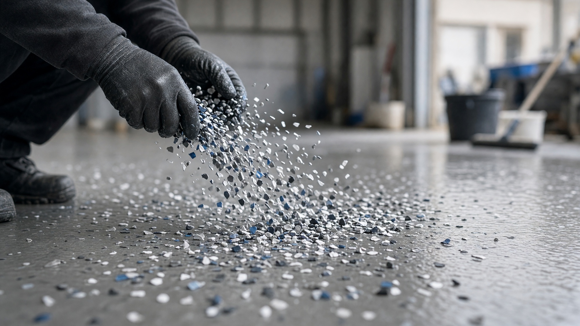 Art-directed view of decorative flakes being broadcast into a wet base coat