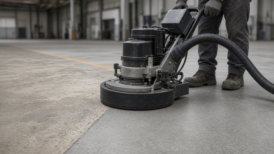 Prepared concrete surface being mechanically profiled before coating