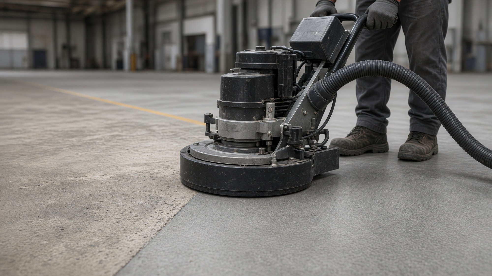 Art-directed view of a shrouded planetary grinder preparing concrete