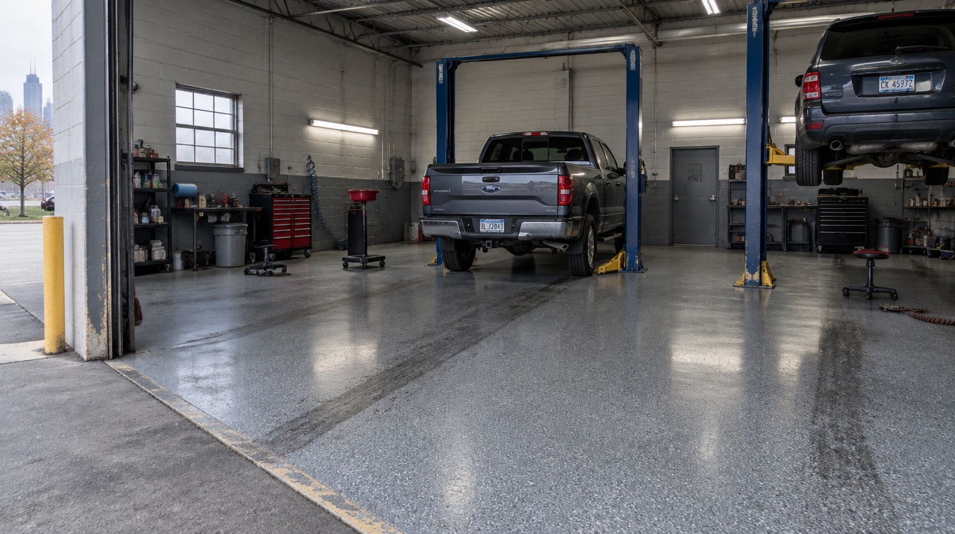 Auto service bay with lifts and coated floor