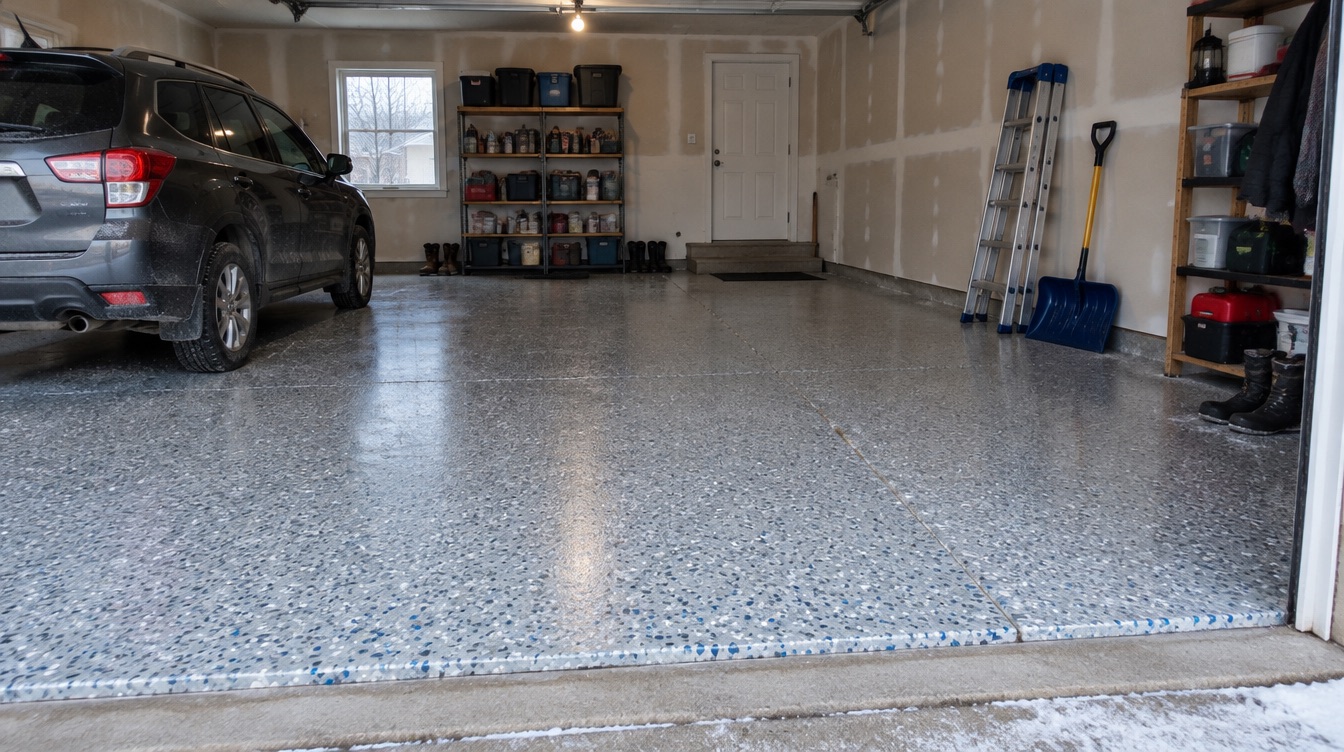 Midwest residential garage with a decorative flake floor
