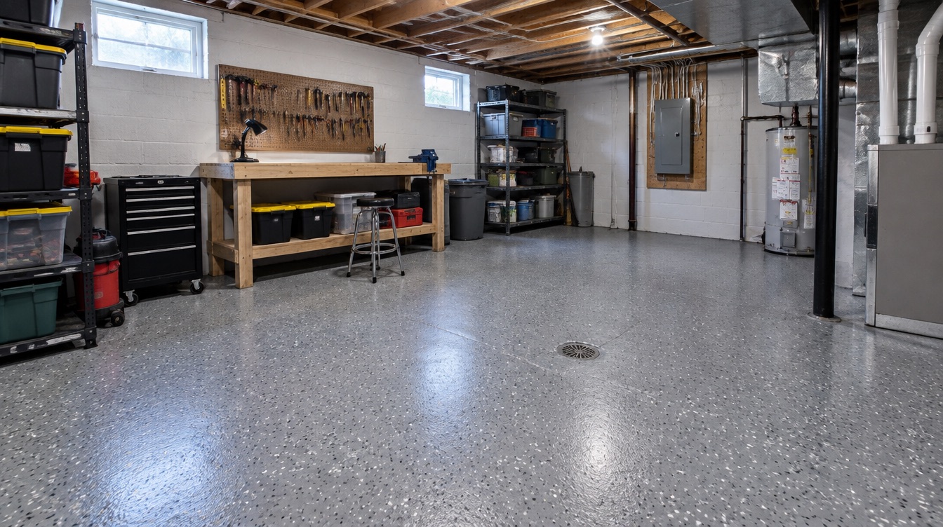 Finished basement workshop with a clean gray floor coating
