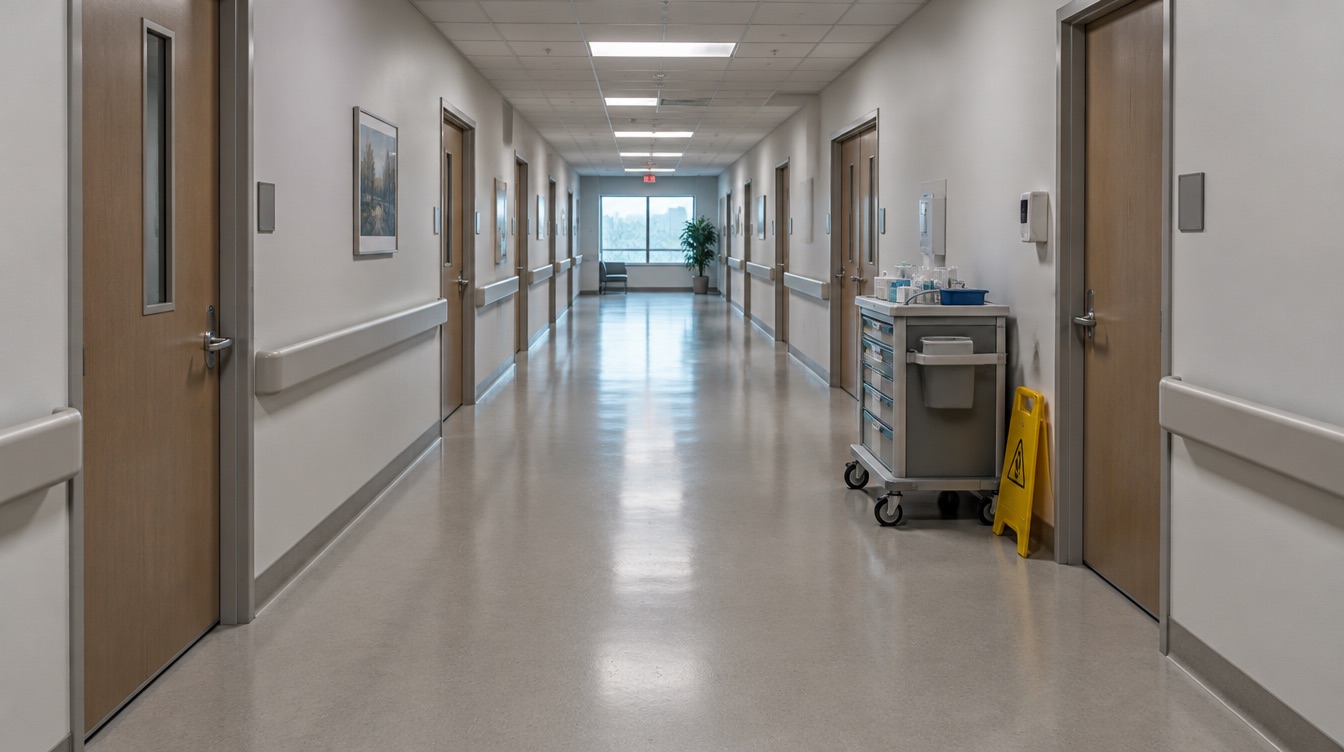 Art-directed clinic corridor with a clean seamless floor