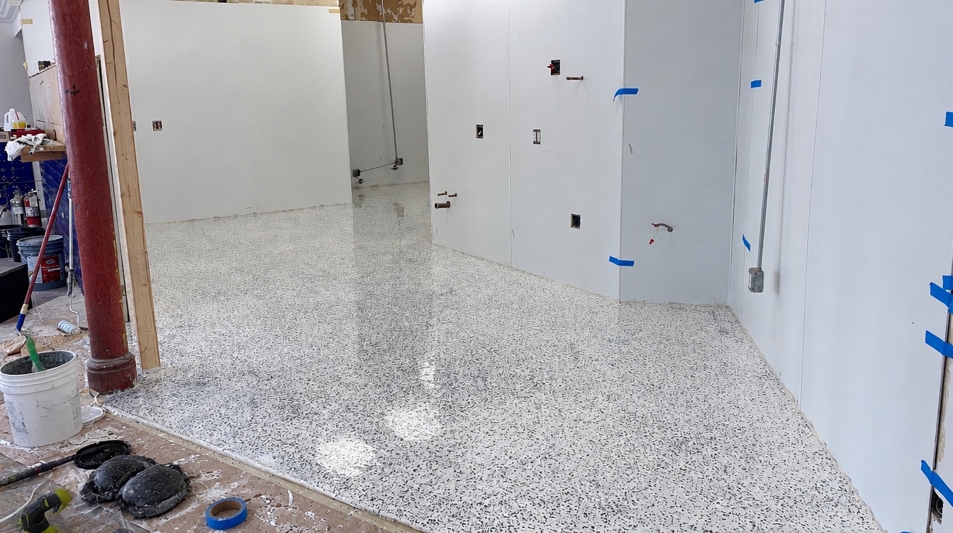 Interior renovation with a finished decorative floor beside active wall work