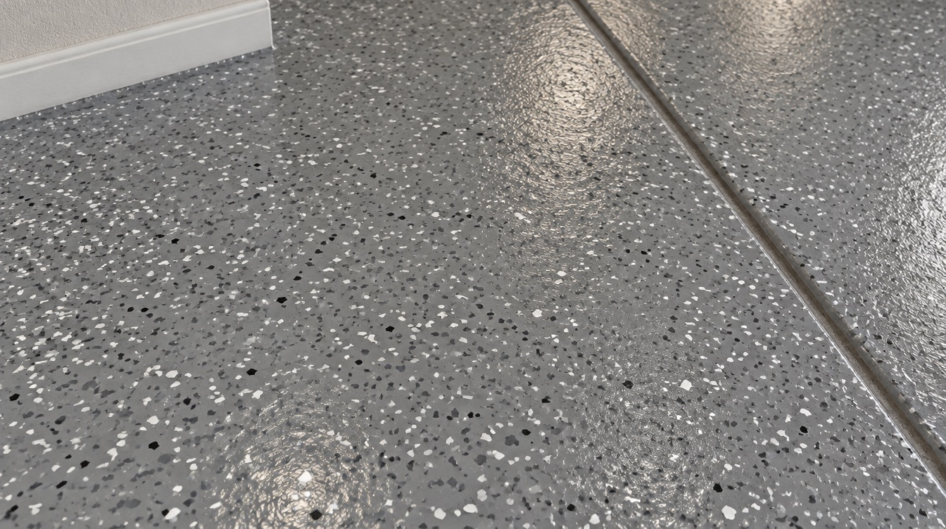 Close view of a gray decorative flake floor finish