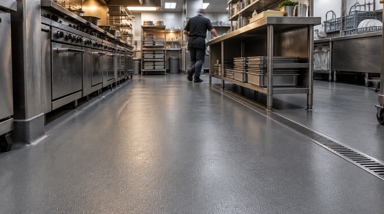 Art-directed restaurant kitchen with seamless gray flooring and a linear drain