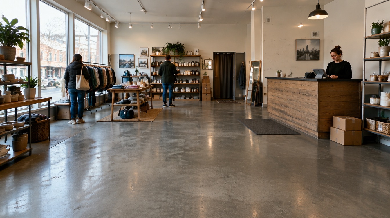 Customer-facing showroom with a reflective decorative floor