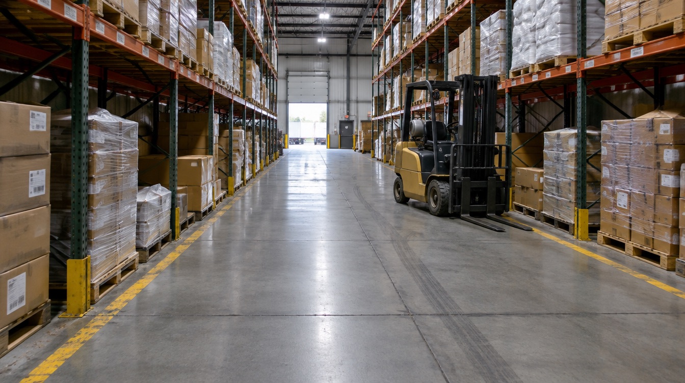 Art-directed warehouse aisle with racking, forklift and polished floor