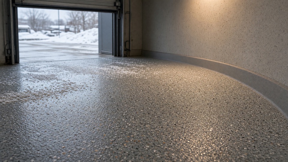 Art-directed visualization of a slip-resistant flake floor at a snowy Midwest service entrance